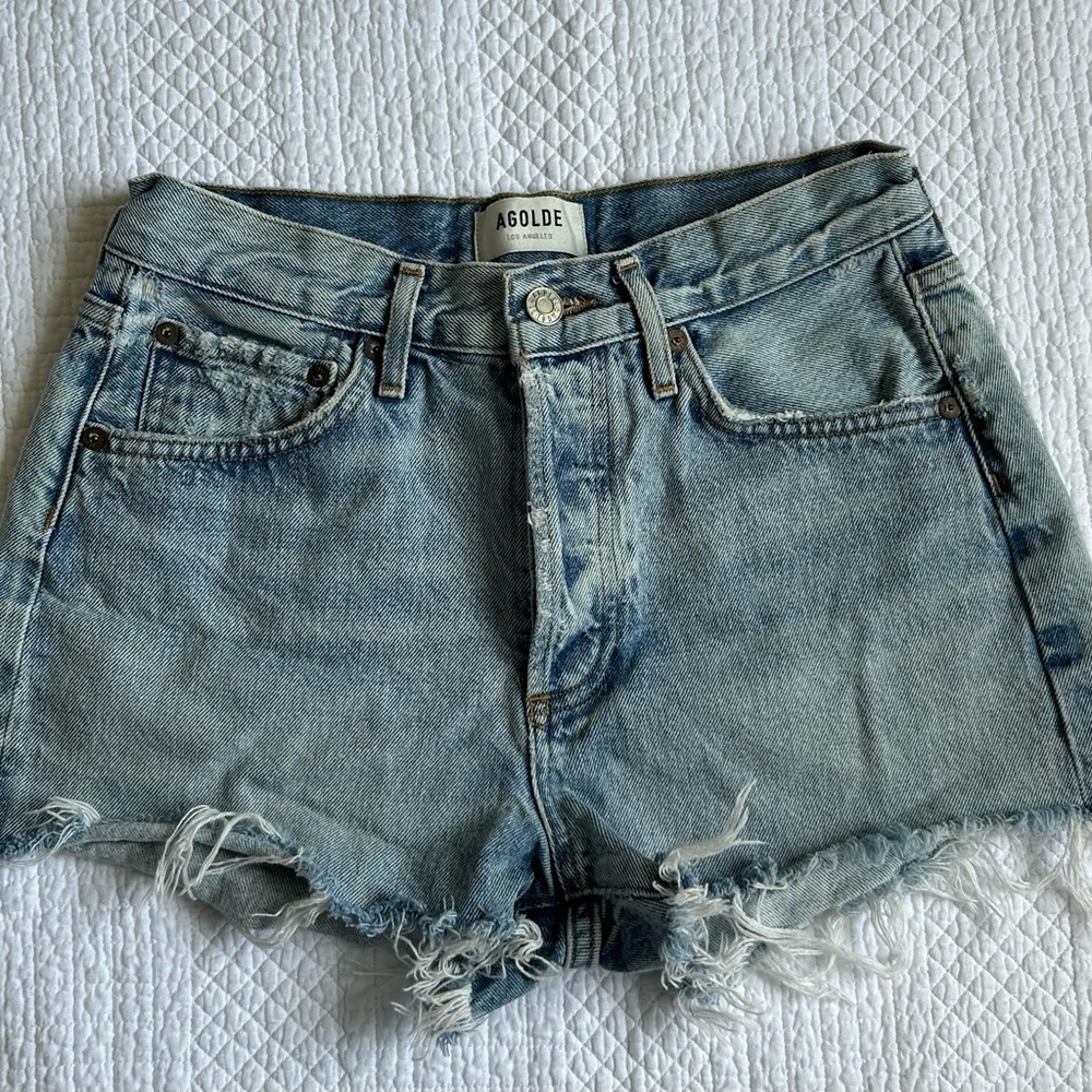 Agolde Light Wash Frayed Denim Cutoff Shorts
